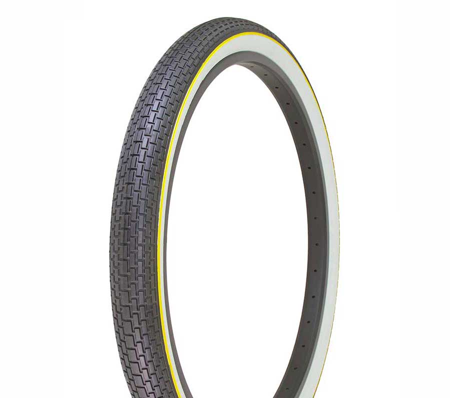 26x2.125 Duro Westwind Brick Tread Tire - Black w/ Whitewall & Yellow Stripe