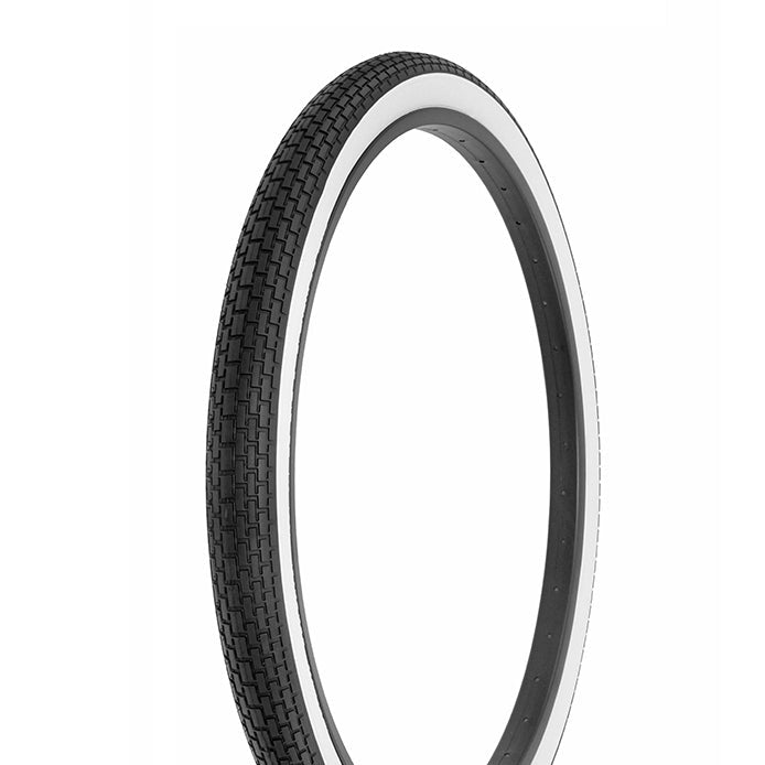 A black bicycle tire with a whitewall designed for a Schwinn S-7 bike, showing the tread pattern.