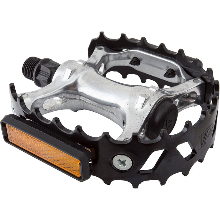 A set of VP 747 Bear Trap aluminum cage pedals for bicycles, featuring a silver body and black anodized cage, with visible branding and orange pedal pads.