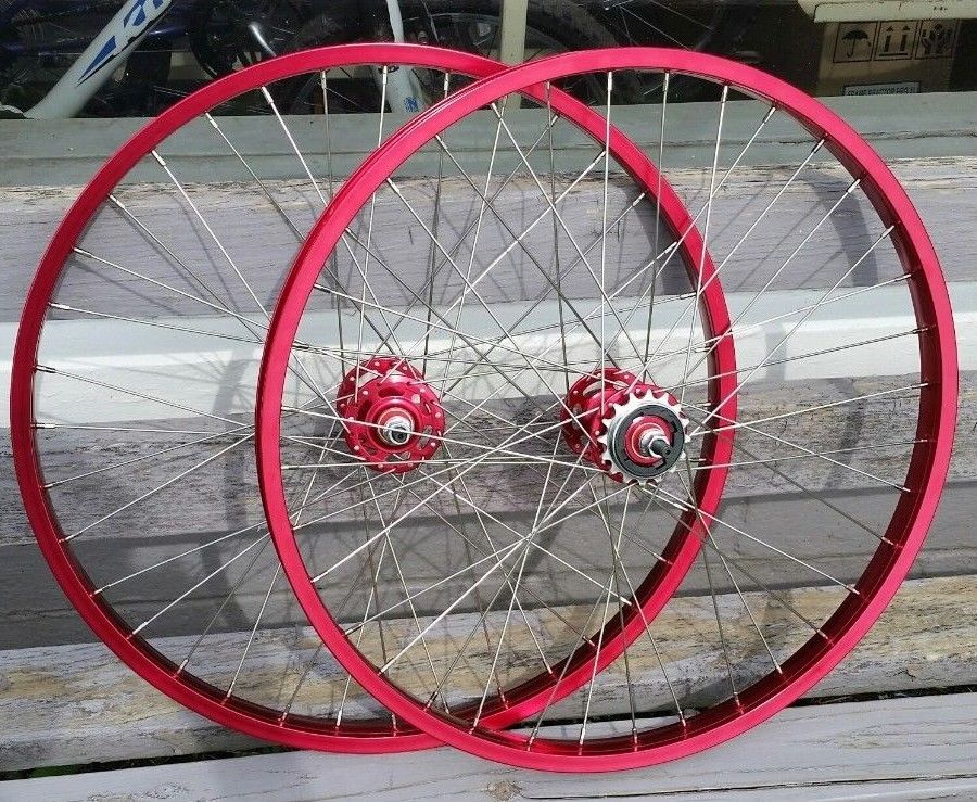 24" 7X style Sealed Road Flange BMX Wheels - Pair - w/ 16t Freewheel - Red Anodized