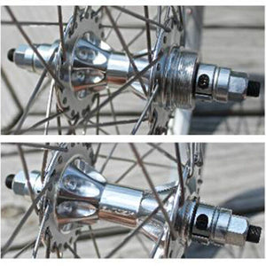 Two images showing the front and rear view of a silver BMX flip/flop freewheel hubset with visible axle and locking collar details.