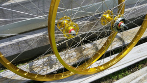 26" 7X style Sealed Road Flange BMX Wheels - Pair - w/ 16t Freewheel - Gold Anodized