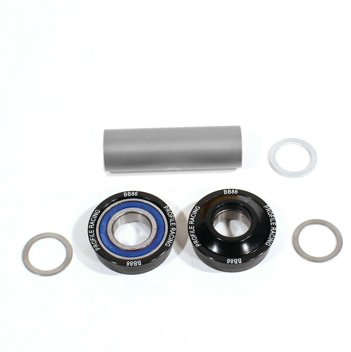 A black 19mm BB86 bottom bracket set for BMX bikes, including spacers, bearings, cups, and washers.