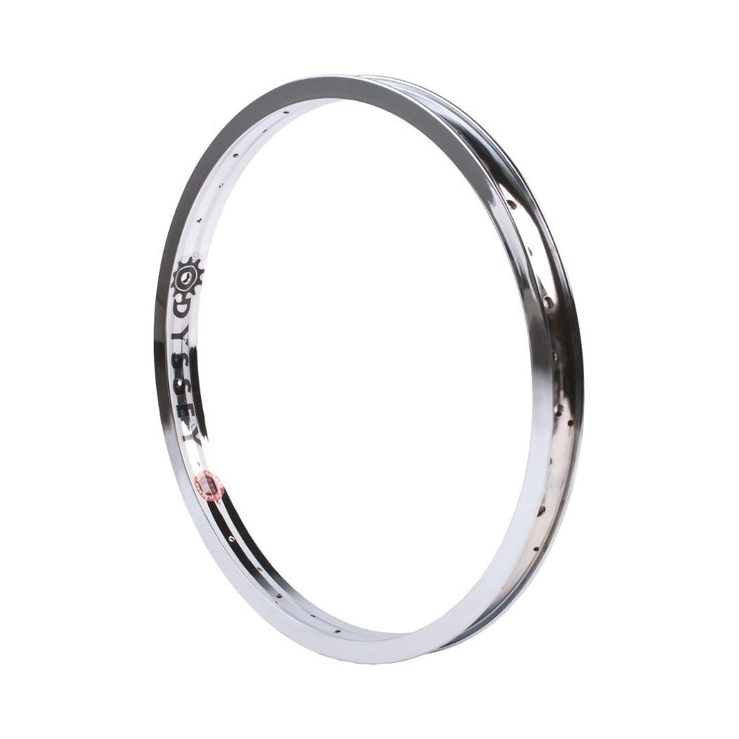 A 20-inch Odyssey Hazard Lite BMX Rim in chrome finish, with a fully welded joint construction and directional spoke hole drilling.