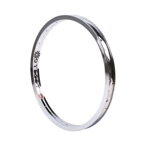 A 20-inch Odyssey Hazard Lite BMX Rim in chrome finish, with a fully welded joint construction and directional spoke hole drilling.