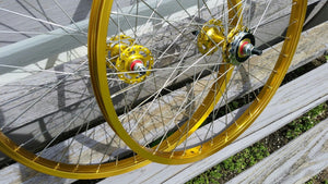 24" 7X style Sealed Road Flange BMX Wheels - Pair - w/ 16t Freewheel - Gold Anodized