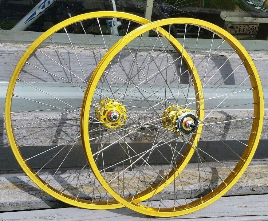 24" 7X style Sealed Road Flange BMX Wheels - Pair - w/ 16t Freewheel - Gold Anodized