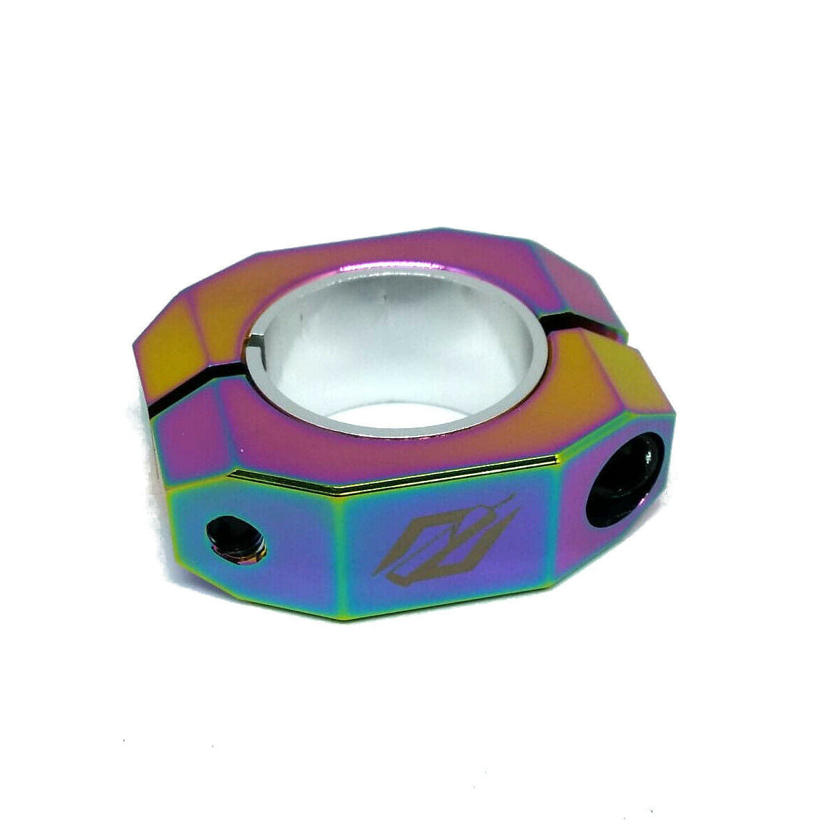 Anodized aluminum double-bolt BMX seat post clamp with a multicolored finish and TNT logo etched on it.