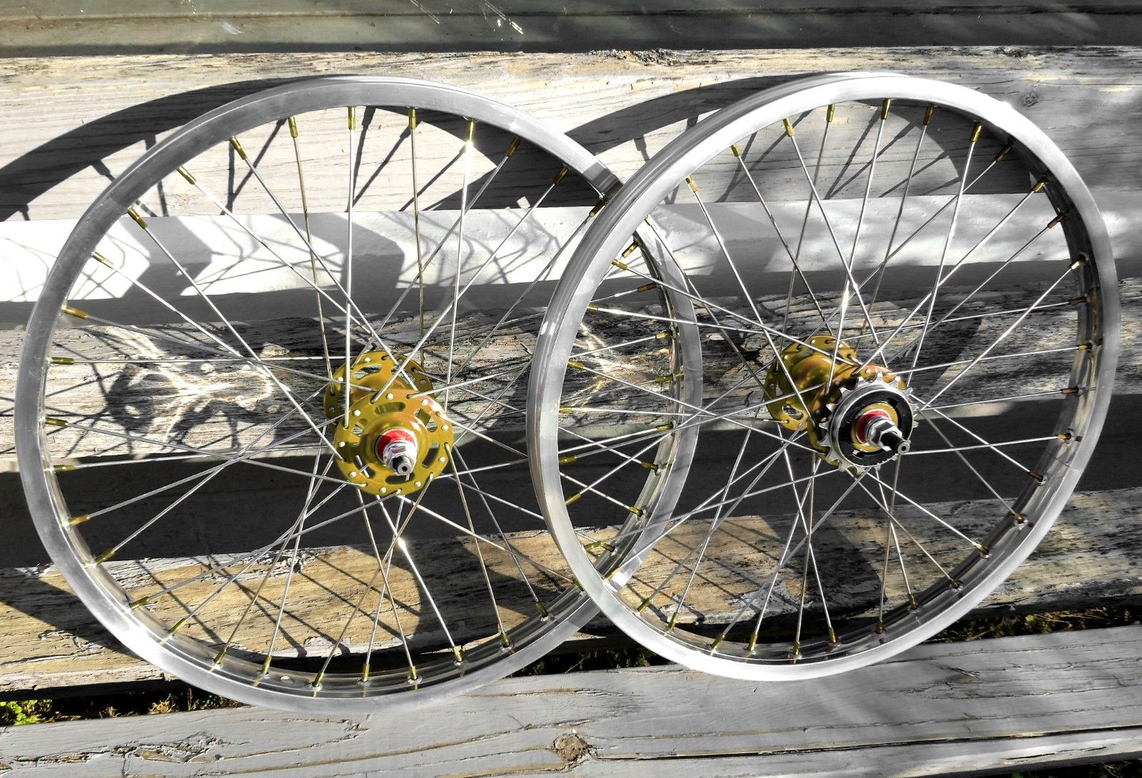 20" 7X style Sealed Road Flange BMX Wheelset w/ 16t Freewheel - Pair - Polished / Gold