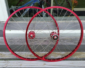 26" 7X style Sealed Road Flange BMX Wheels - Pair - w/ 16t Freewheel - Red Anodized