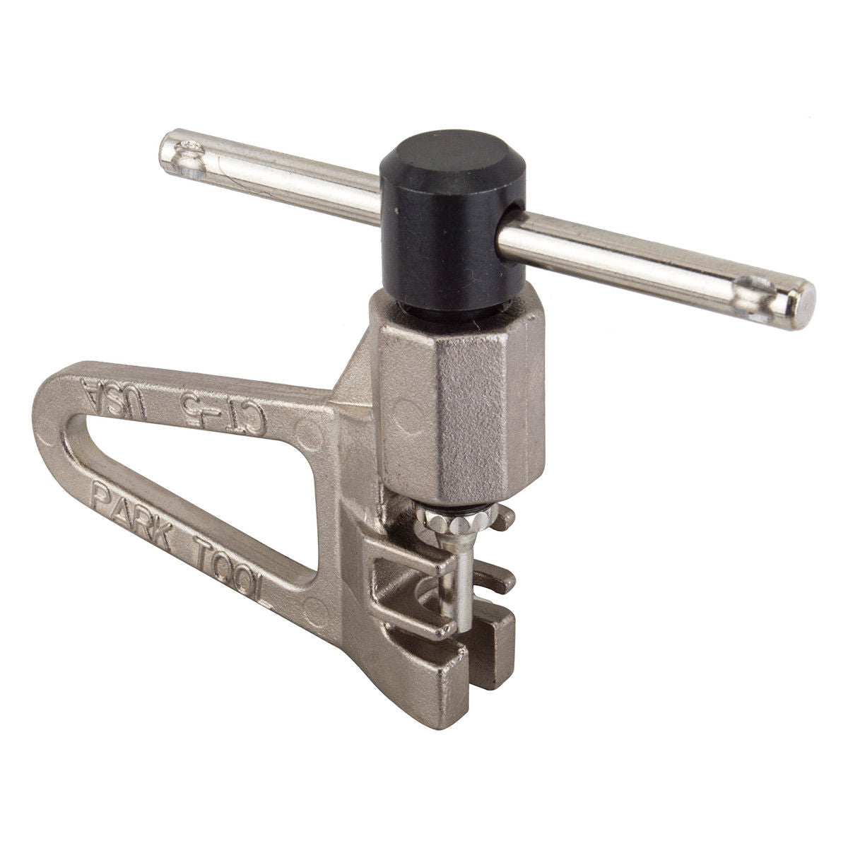 A silver bicycle chain tool with a black handle and a replaceable pin, designed for removing and installing bicycle chains.