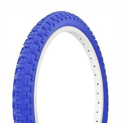 A blue BMX bicycle tire with a white inner tube and a visible tread pattern.
