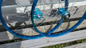 24" 7X style Sealed Road Flange BMX Wheels - Pair - w/ 16t Freewheel - Blue Anodized