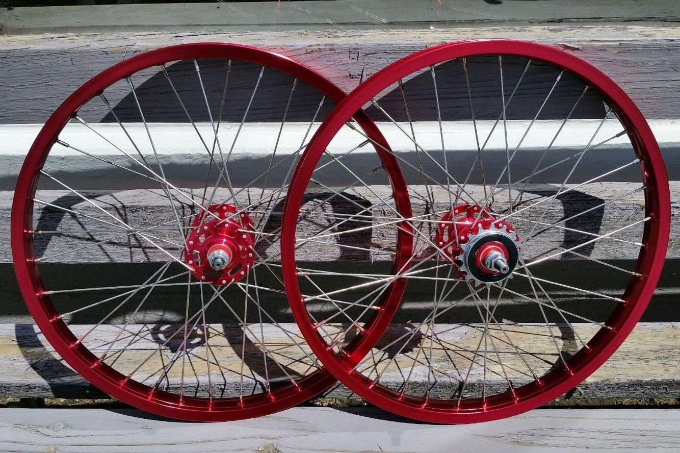 20" 7X style Sealed Road Flange BMX Wheels w/ 16t Freewheel - Pair - Red Anodized