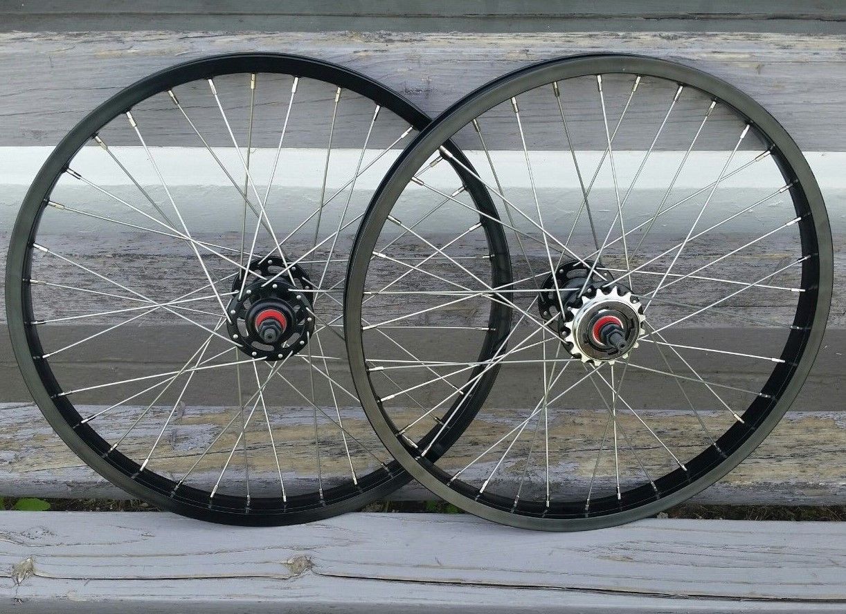 20" 7X style Sealed Road Flange BMX Wheels w/ 16t Freewheel - Pair - Black Anodized