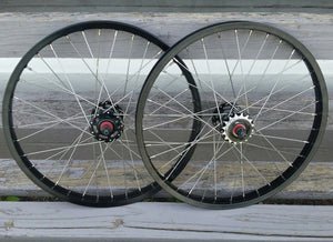 20" 7X style Sealed Road Flange BMX Wheels w/ 16t Freewheel - Pair - Black Anodized