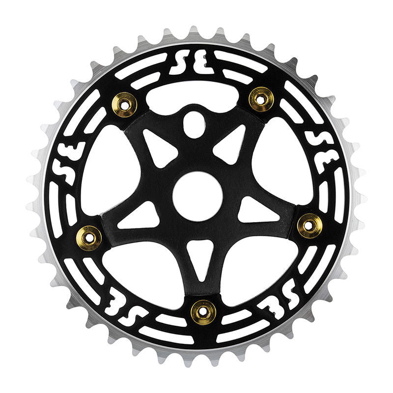 SE Racing BMX 39T Aluminum Spider & 5-bolt Chainring Combo - Black over Black w/ Gold bolts