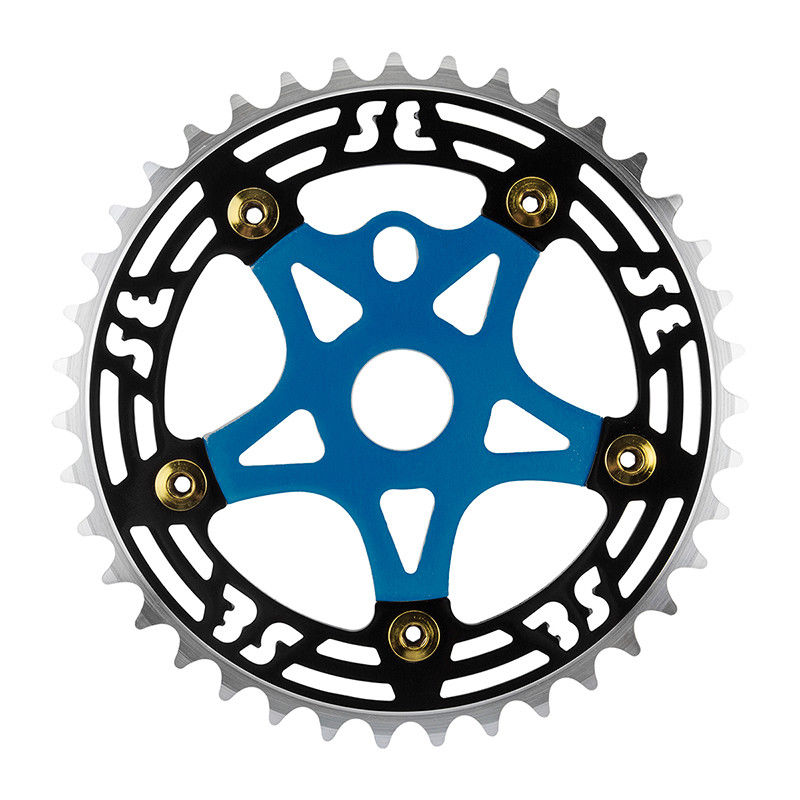 SE Racing BMX 39T Aluminum Spider & 5-bolt Chainring Combo - Black over Blue w/ Gold bolts