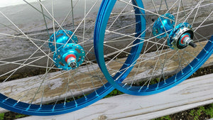 20" 7X style Sealed Road Flange BMX Wheels w/ 16t Freewheel - Pair - Blue Anodized