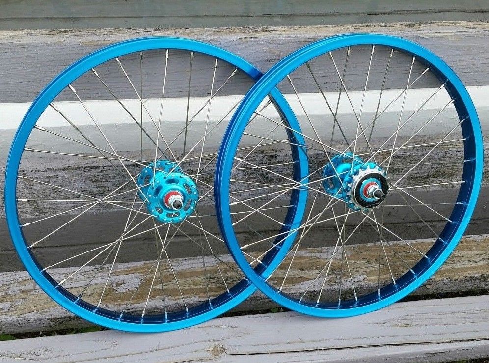 20" 7X style Sealed Road Flange BMX Wheels w/ 16t Freewheel - Pair - Blue Anodized