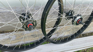 20" 7X style Sealed Road Flange BMX Wheels w/ 16t Freewheel - Pair - Black Anodized