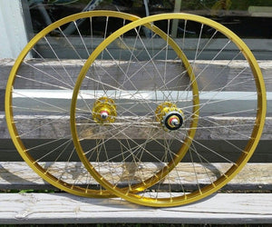 26" 7X style Sealed Road Flange BMX Wheels - Pair - w/ 16t Freewheel - Gold Anodized