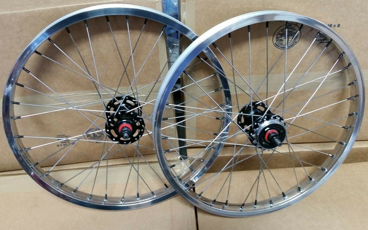 20" 7X style Sealed Road Flange BMX Wheelset w/ 16t Freewheel - Pair - Polished / Black