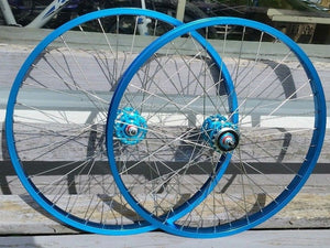 24" 7X style Sealed Road Flange BMX Wheels - Pair - w/ 16t Freewheel - Blue Anodized