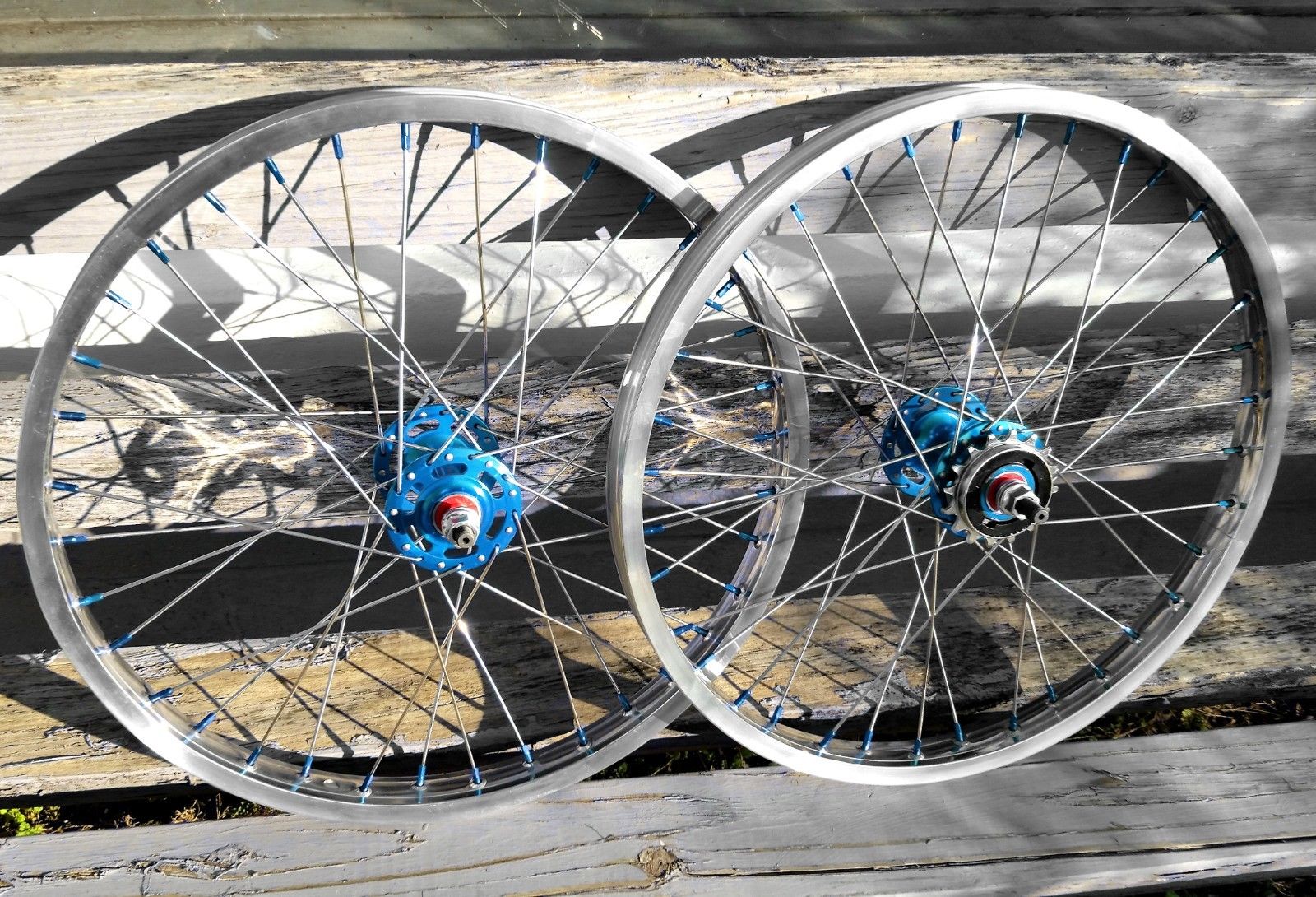20" 7X style Sealed Road Flange BMX Wheelset w/ 16t Freewheel - Pair - Polished / Blue