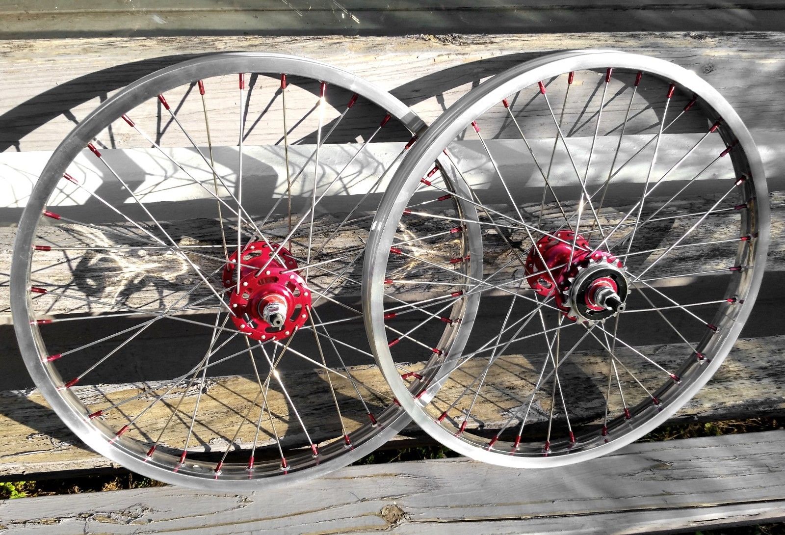 20" 7X style Sealed Road Flange BMX Wheelset w/ 16t Freewheel - Pair - Polished / Red