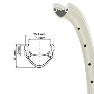 A white 24-inch Mach1 EXE BMX rim with 36 holes, showing dimensions and a close-up of the rim's profile.