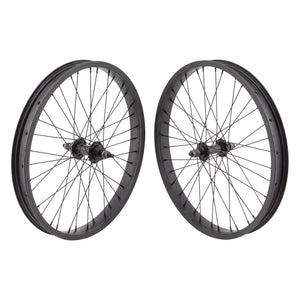 A pair of 20-inch black aluminum BMX wheels with single wall rims, black steel hubs, and black spokes.