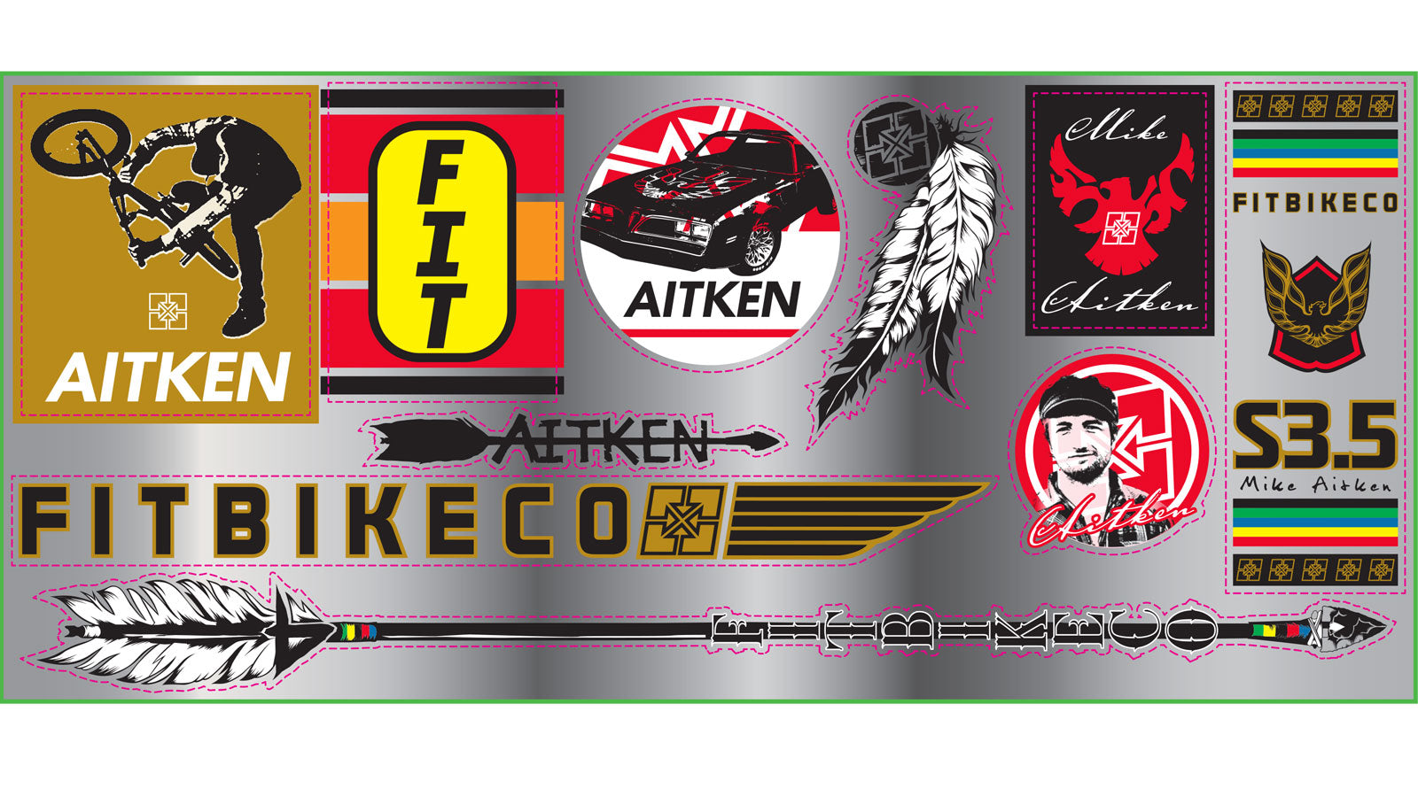 Fit Mike Aitken BMX Sticker Sheet - Chrome/Silver Vinyl Decals - 9" x 4" sheet - 10 stickers