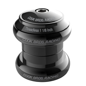 Black Cook Bros. Racing threadless headset with CNC machined 6061-T6 aluminum top cap, cups, compression ring and crown race.