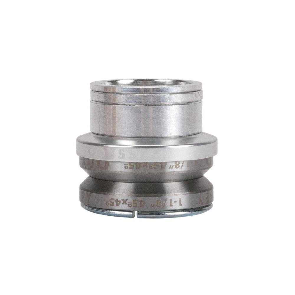 A polished silver Odyssey BMX 1-1/8 inch integrated headset for 45/45 - Campy spec frames with a precision tapered wedge and color-matched spacers.