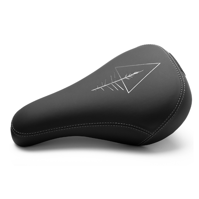 Black bicycle seat with a white geometric design on a white background