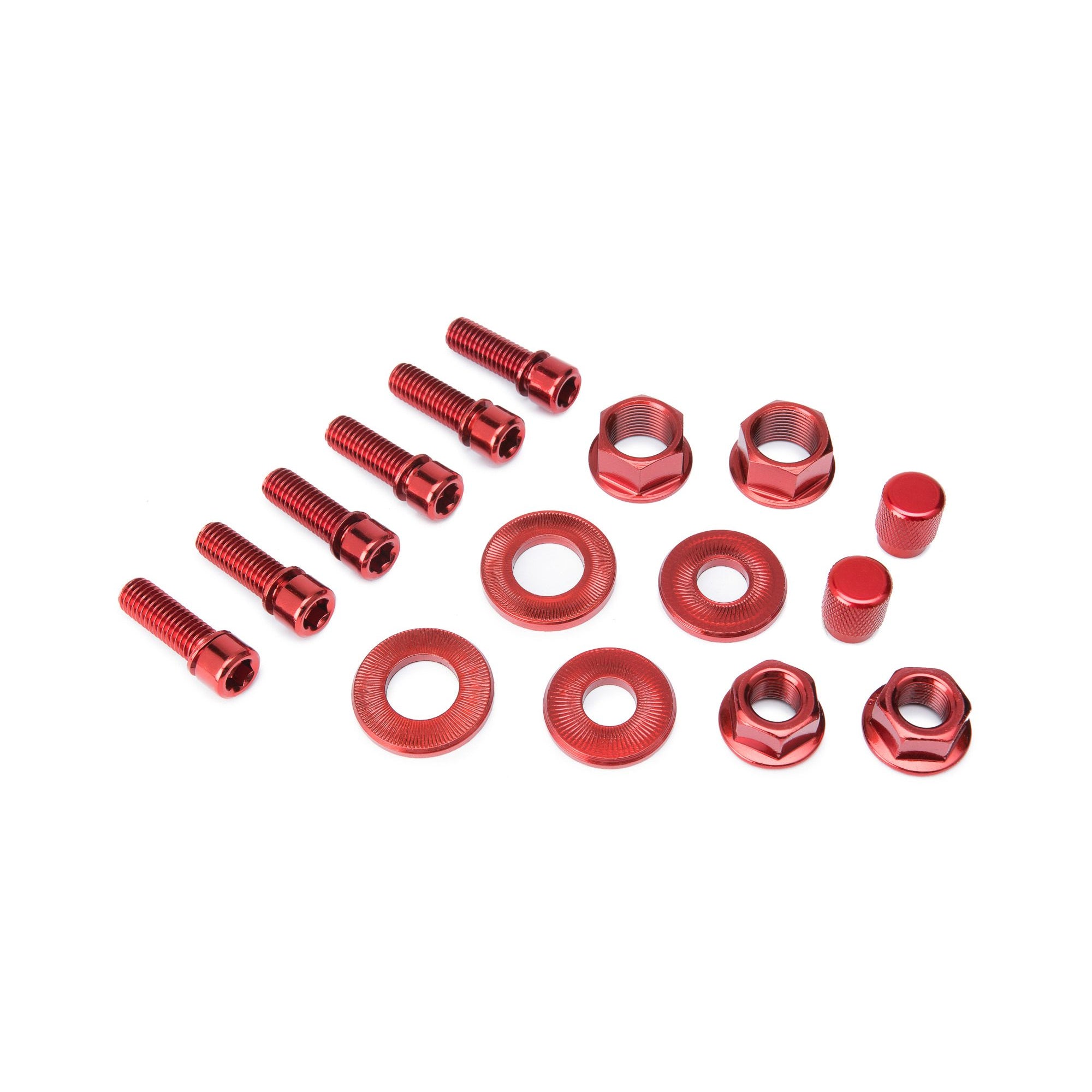 Salt BMX Nut and Bolt kit Stem bolts, Axle Nuts + Washers, Valve Caps - Red