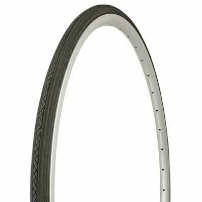 A black bicycle tire with a white lettering on the sidewall, mounted on a silver rim.
