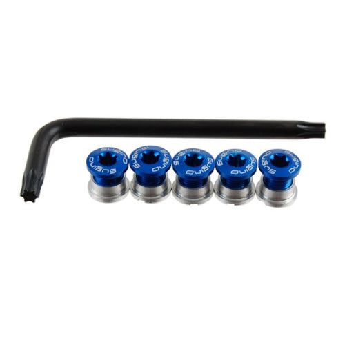 A set of five blue anodized Sugino #701 chainring fixing bolts with a T30 Torx wrench.
