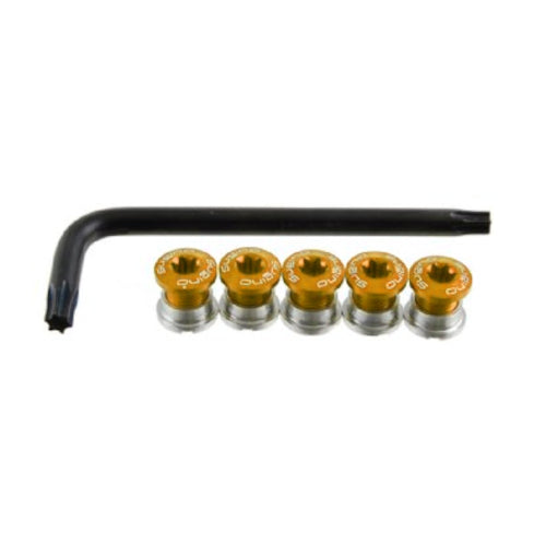 A set of five gold-colored alloy chainring bolts with knurled nuts and a T30 Torx wrench.